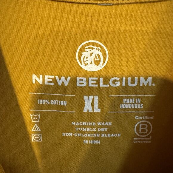 New Belgium Fat Tire Bottlecap XL T-Shirt Yellow Logo Bicycle Beer Caveman Music - Picture 3 of 7